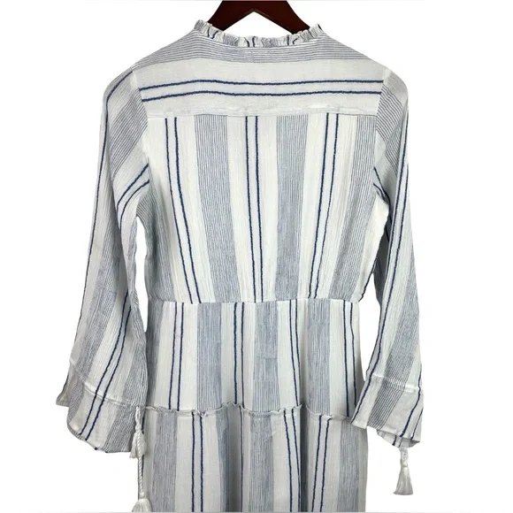 NWT RAGA Fleri White and Blue Striped Floral Embroidered Tie Long Sleeve Dress - Picture 12 of 13